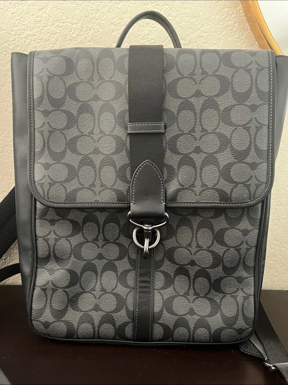 Coach Gray Signature Canvas Backpack with Leather Trim